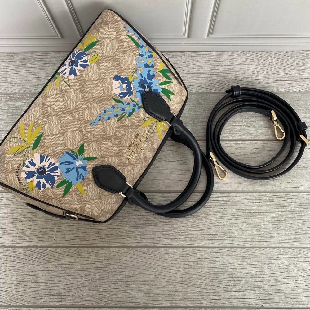 kate spade Beige Signature Floral Dome Satchel with Navy Trim - Picture 4 of 5